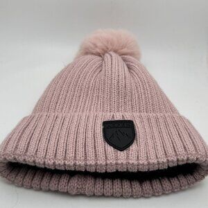 ASPEN Women's Pink Ribbed Knit Beanie Hat with Faux Fur Pom Pom & Fleece Lining